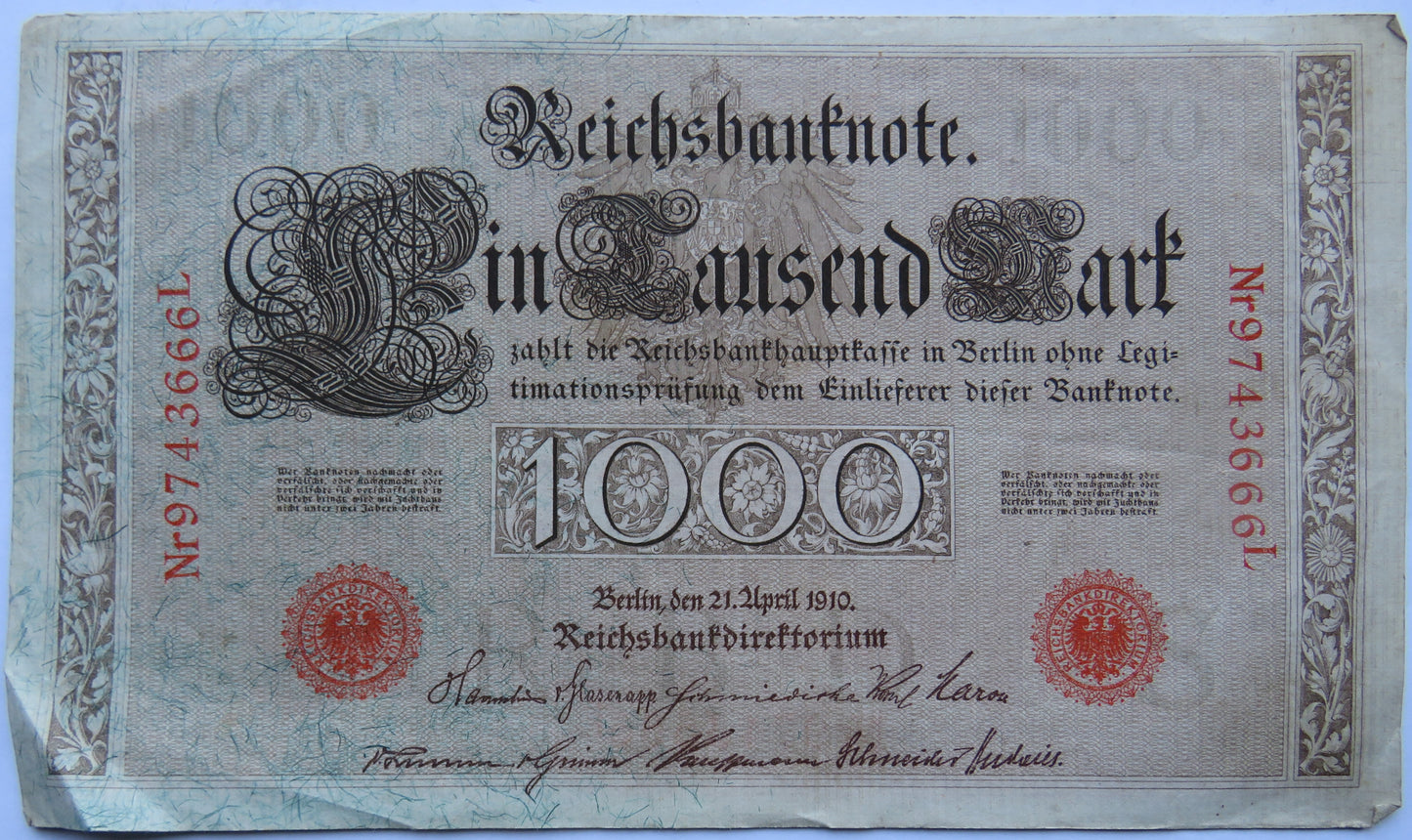 1910 Germany 1000 Mark Banknote