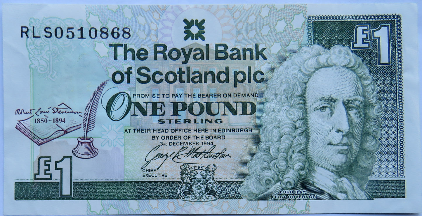 1994 The Royal Bank of Scotland Plc £1 One Pound Note Robert Louis Stevenson