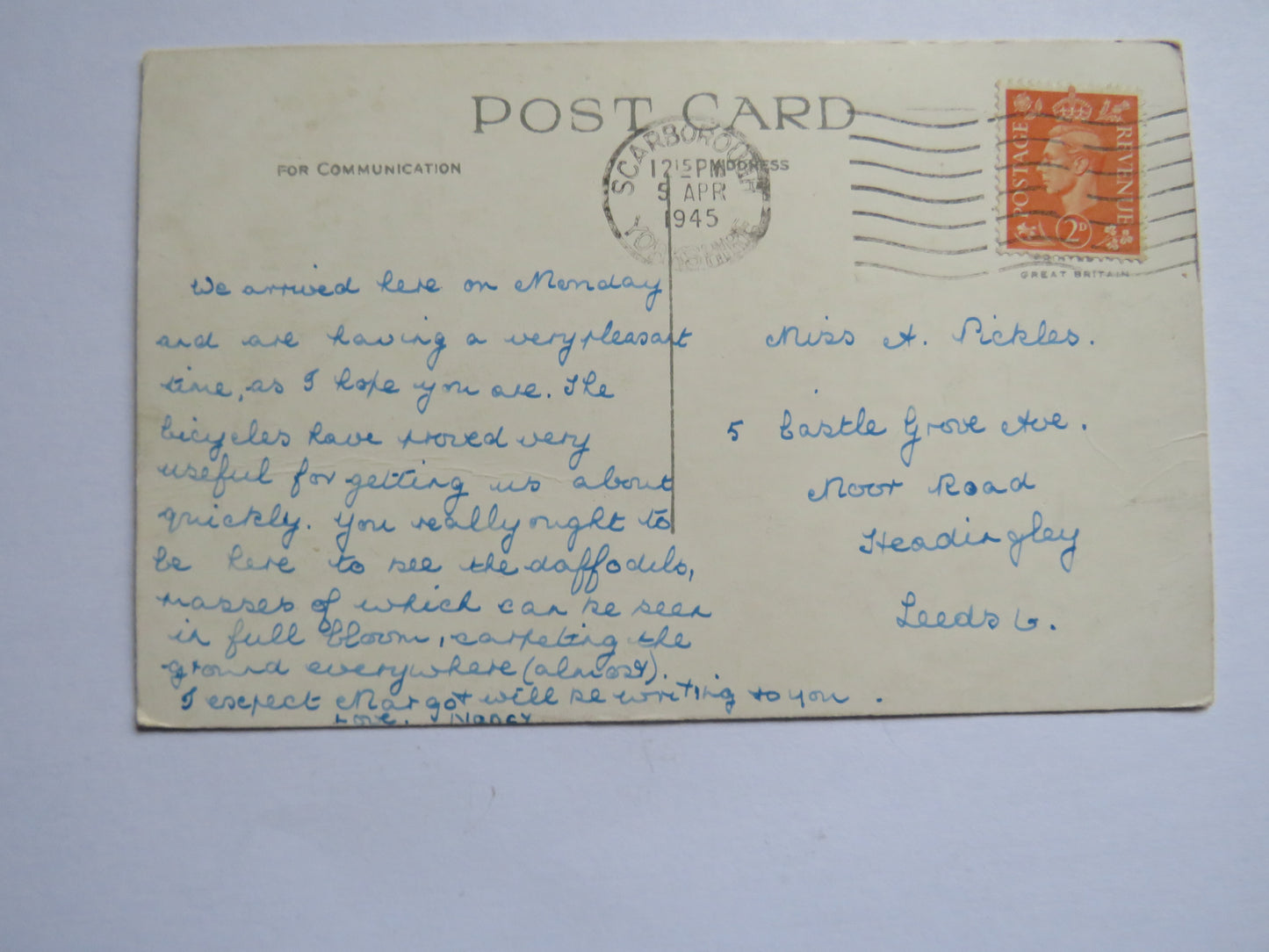 Vintage Postcard Of Best of Luck From Scarborough 1945