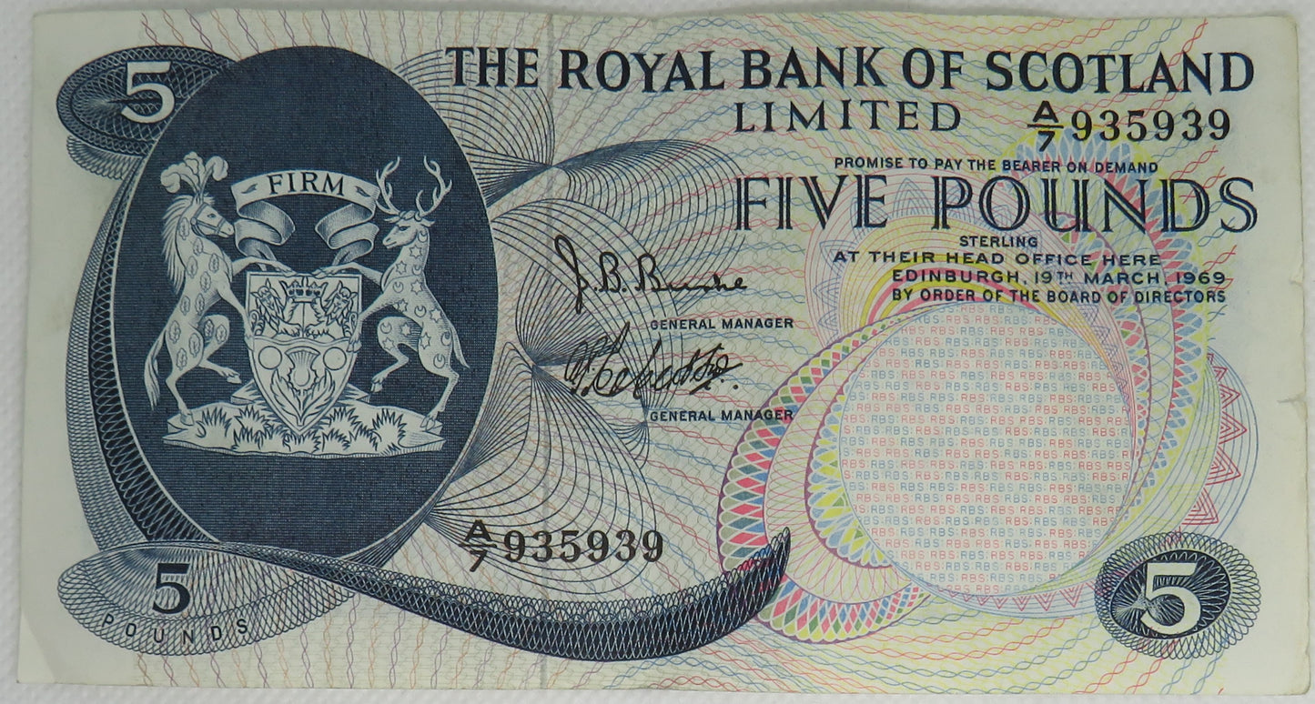 1969 The Royal Bank of Scotland £5 Five Pound Banknote