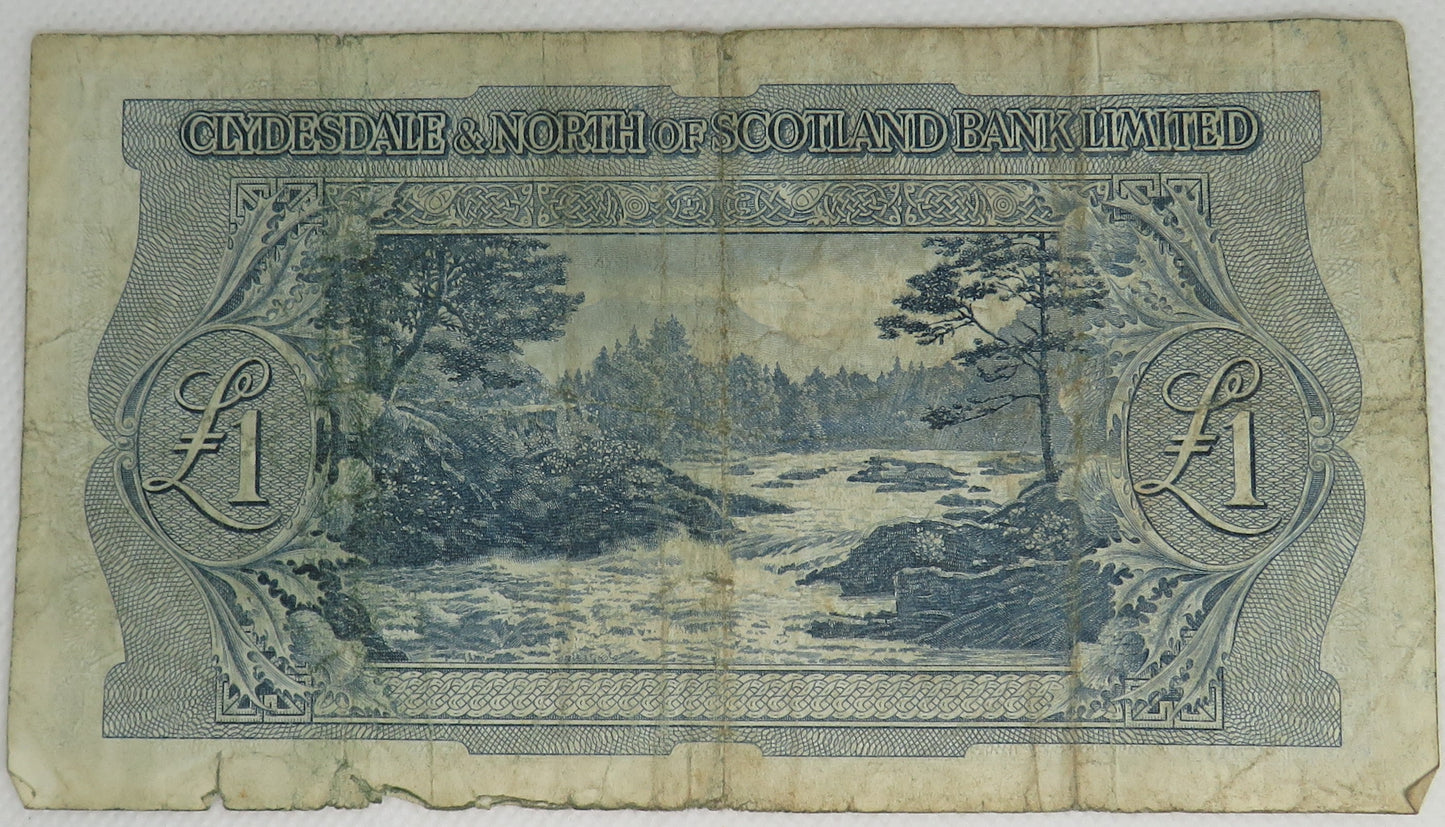 1952 Clydesdale & North of Scotland Bank Limited £1 One Pound Banknote