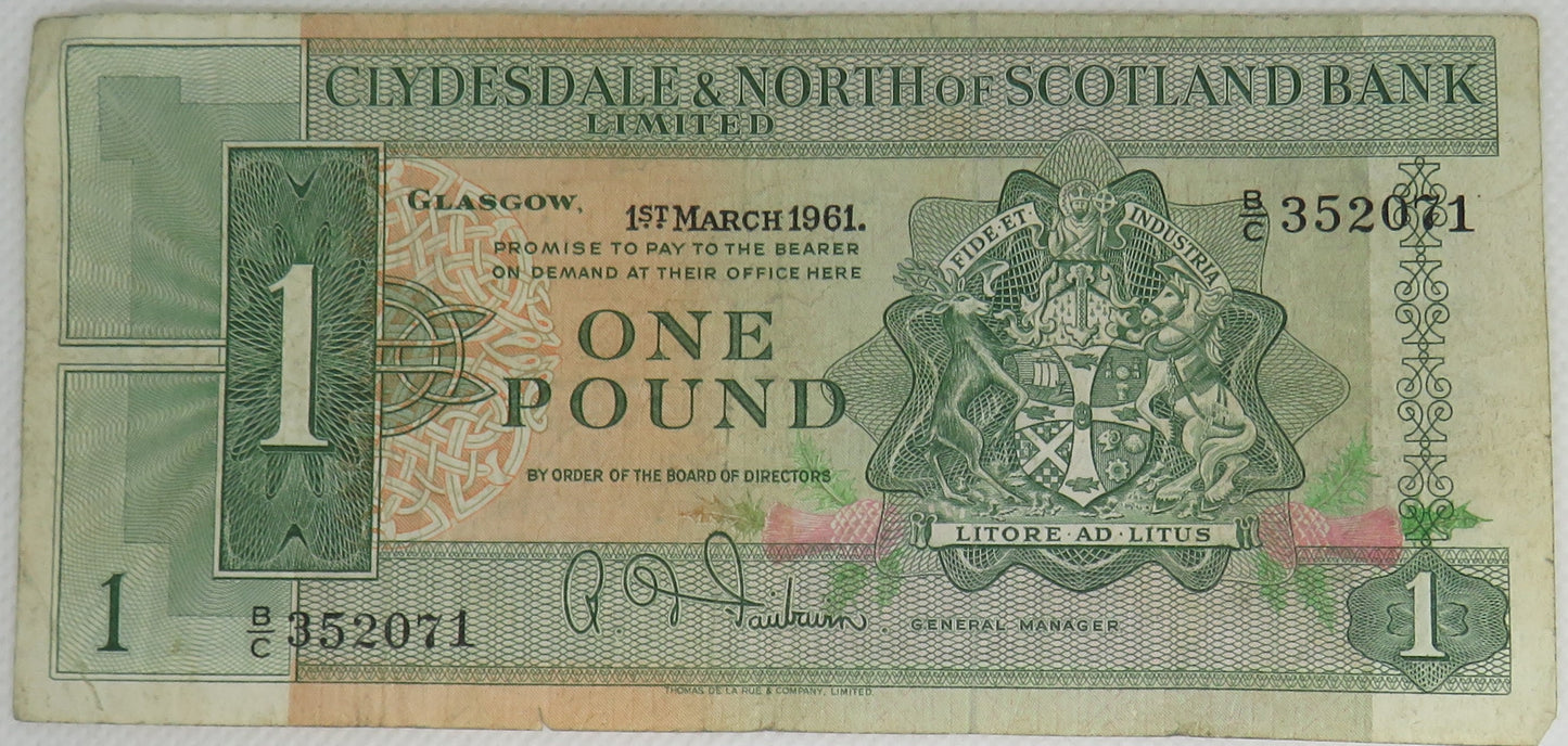 1961 Clydesdale & North of Scotland Bank Limited £1 One Pound Banknote