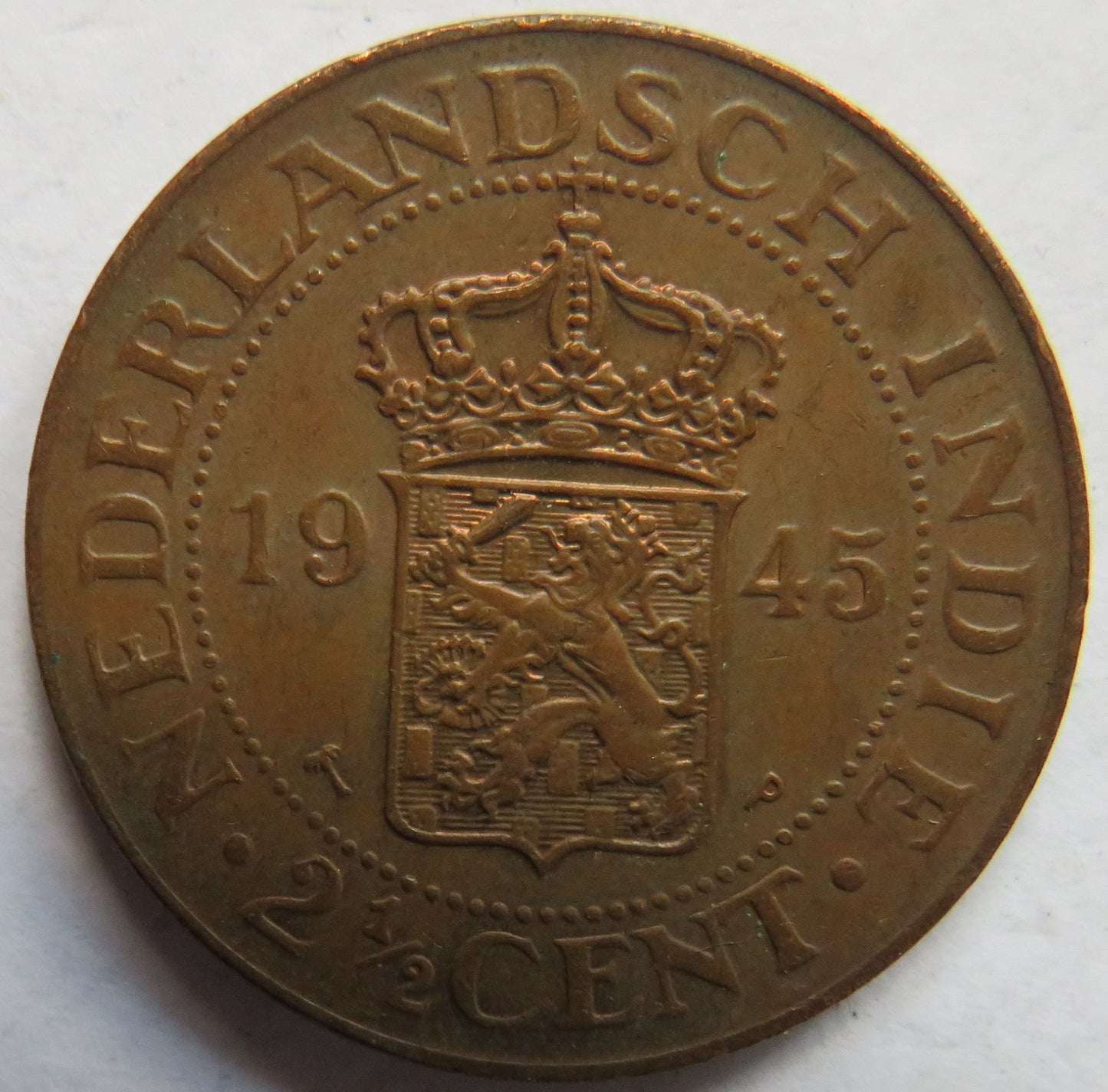 1945 Netherlands East Indies 2 & 1/2 Cents Coin