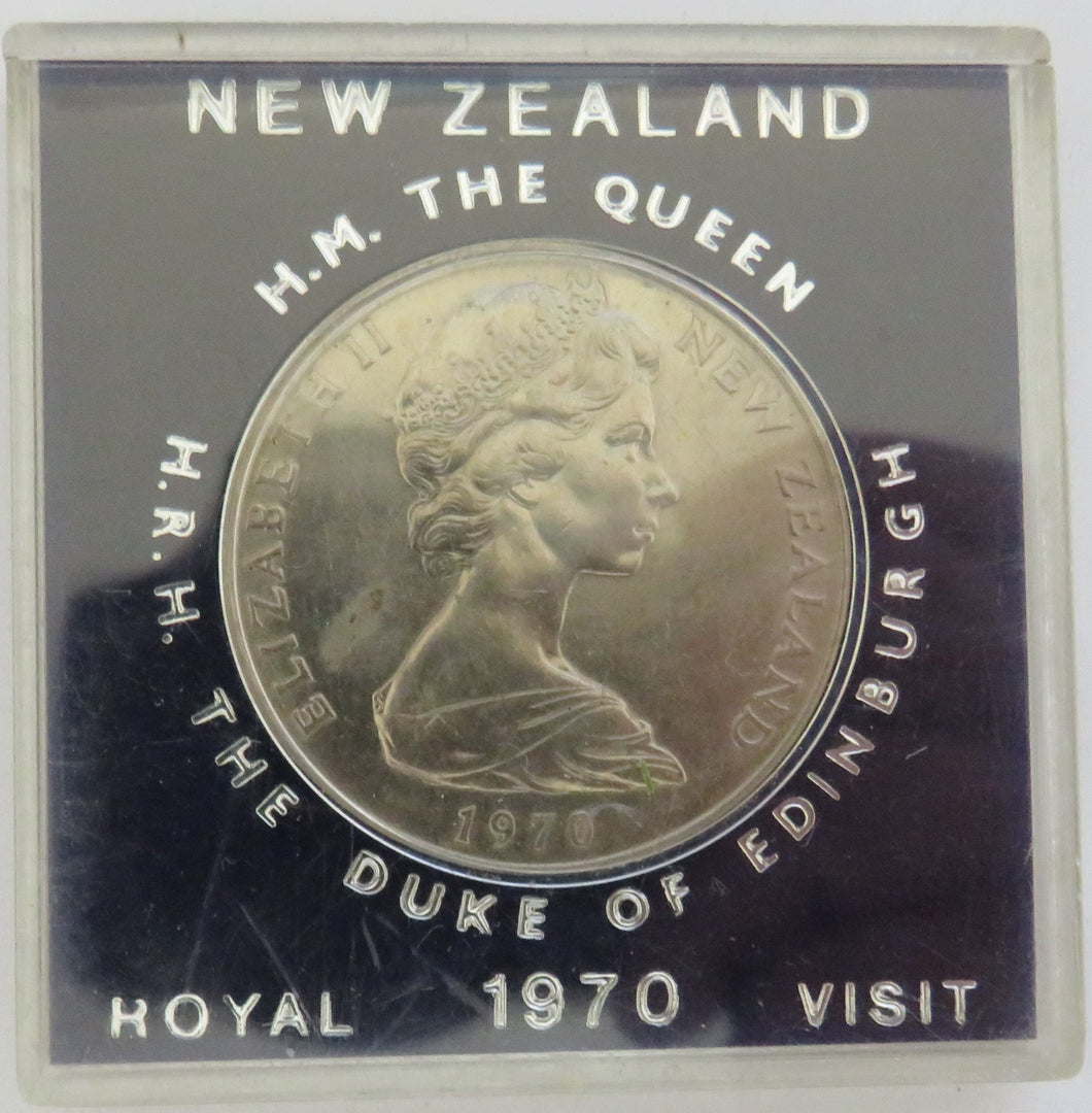 1970 New Zealand $1 Dollar Coin Queen & Duke of Edinburgh Royal Visit