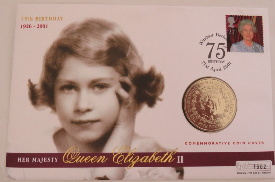 2001 Guernsey £5 Coin & Stamp Cover Queen Elizabeth 75th Birthday