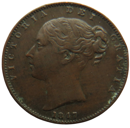 1847 Queen Victoria Young Head Farthing Coin - Great Britain