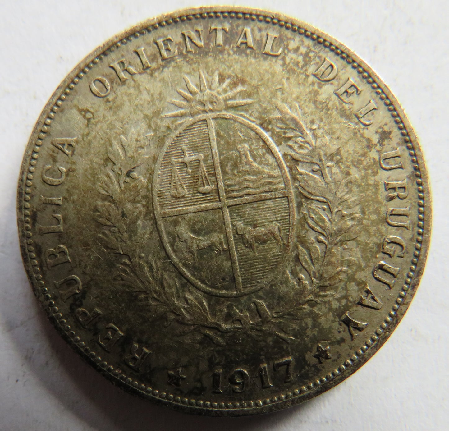 1917 Uruguay Silver 50 Centimos Coin