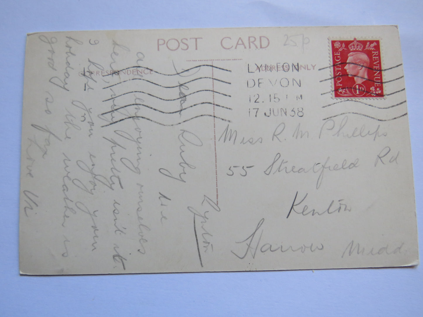 Vintage Postcard of Glen Lyn, Lynmouth, 1938