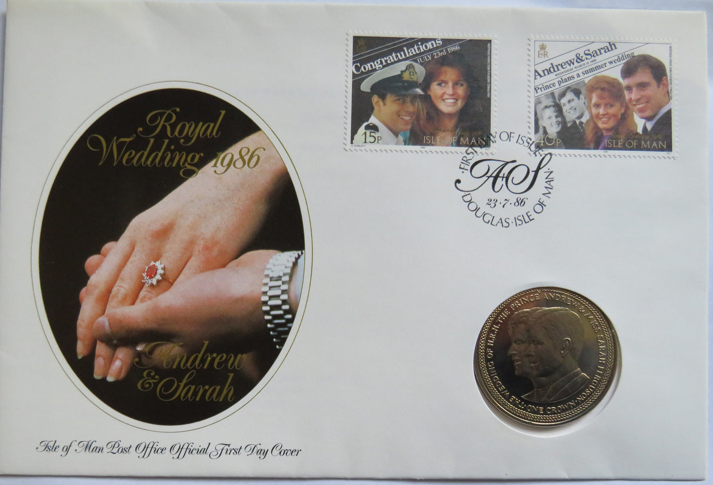 1986 Isle of Man One Crown and Stamp Cover Royal Wedding