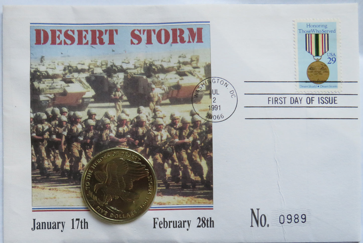1991 Marshal Islands $5 Coin & Stamp Cover Desert Storm