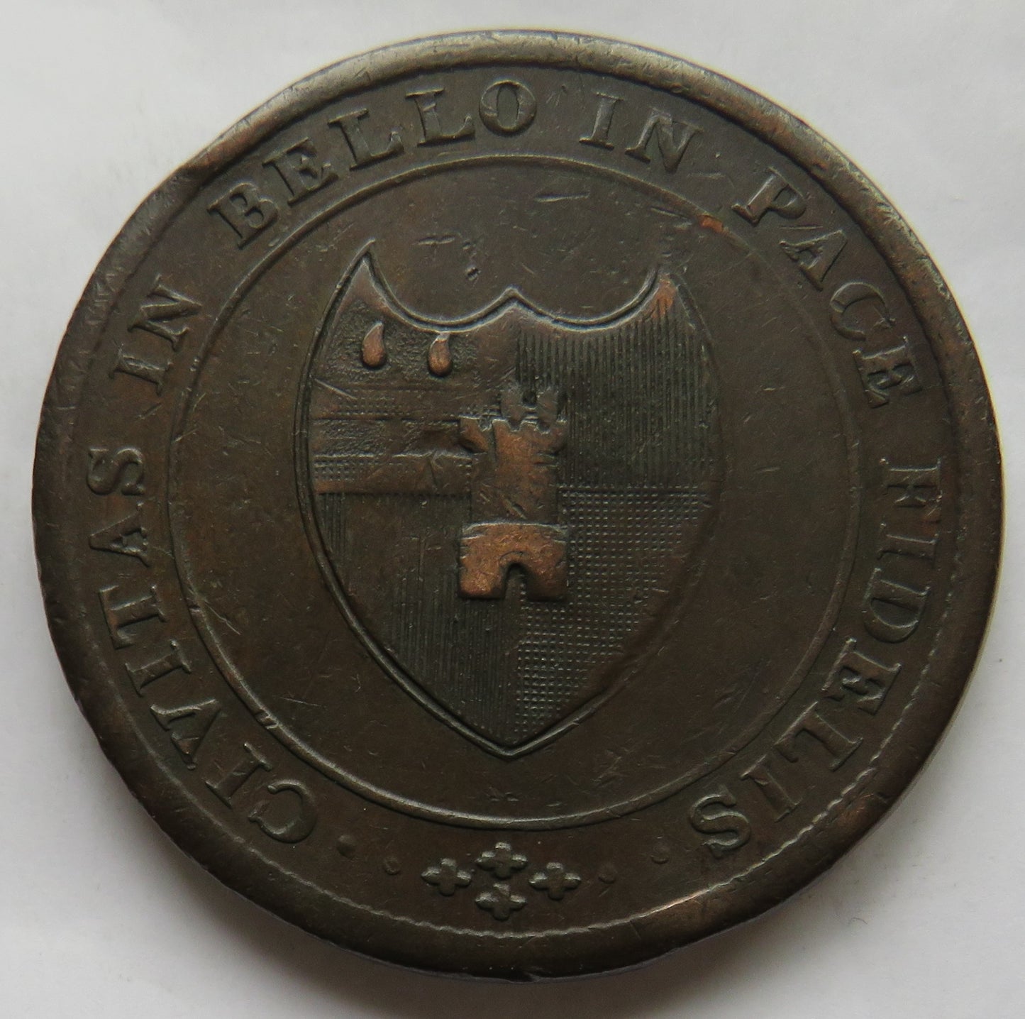 1811 Worcester City and County One Penny Token Civitas In Bello In Pace Fidelius