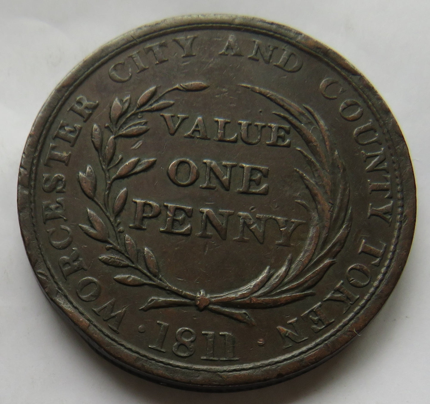 1811 Worcester City and County One Penny Token Civitas In Bello In Pace Fidelius