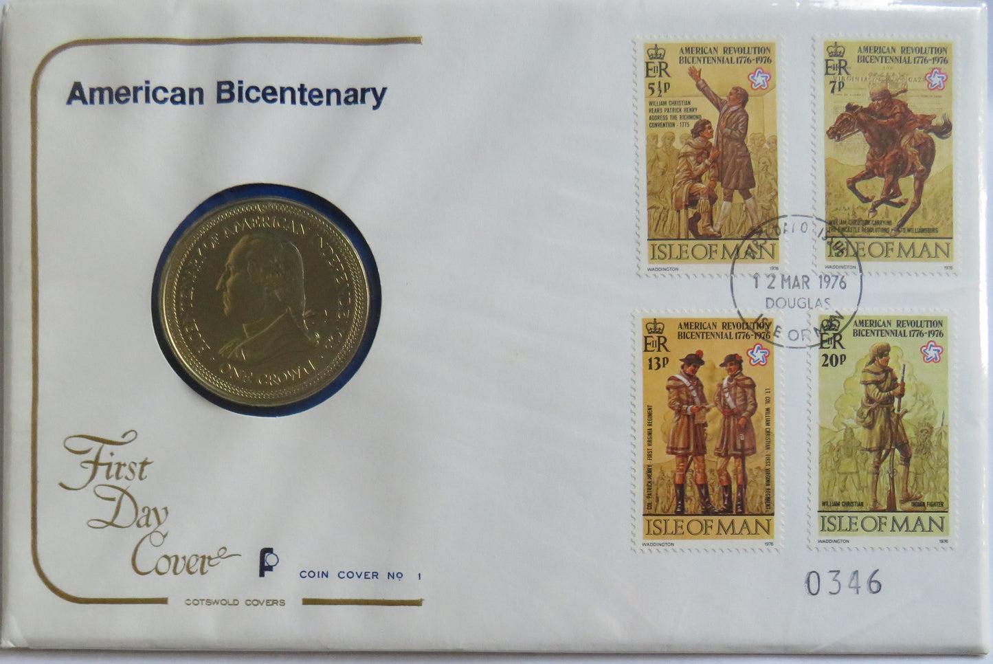1976 Isle of Man American Bicentenary Crown Coin & Stamp Cover