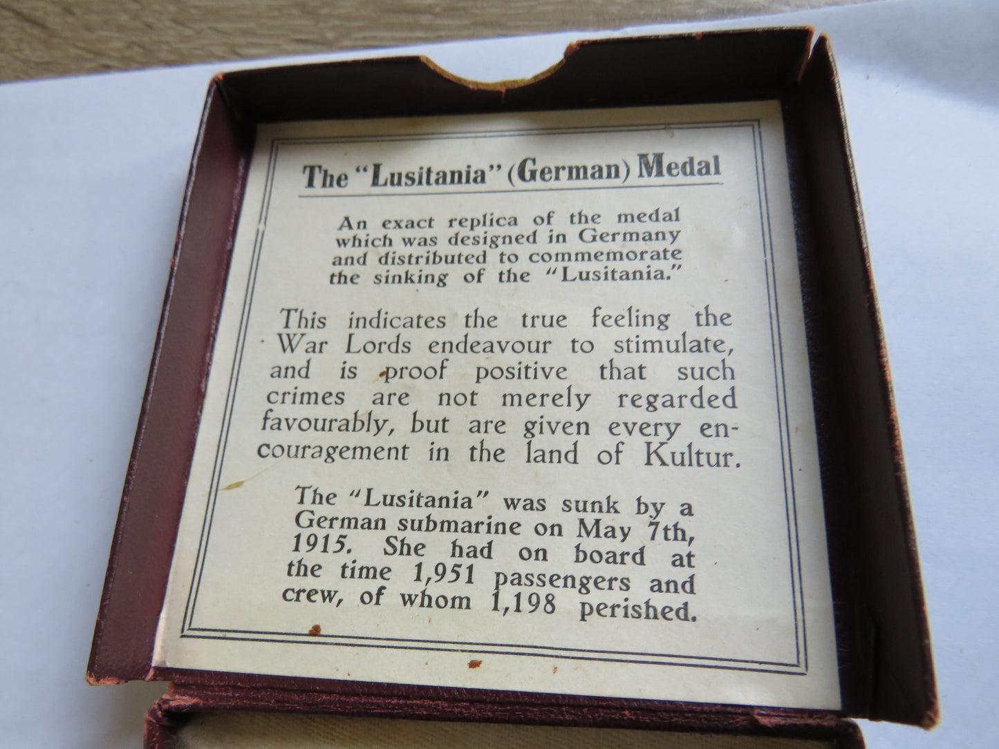 1915 Sinking of the R.M.S. Lusitania Boxed British Propaganda Medal