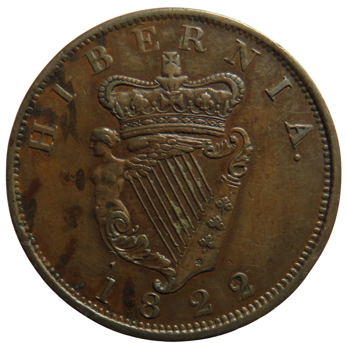 1822 King George IV Ireland Hibernia One Penny Coin In Excellent Grade