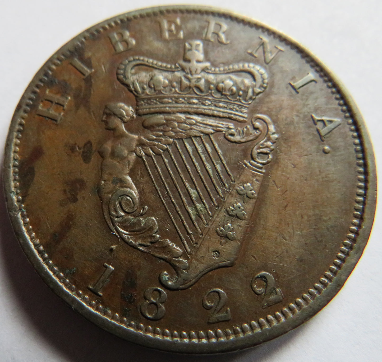 1822 King George IV Ireland Hibernia One Penny Coin In Excellent Grade