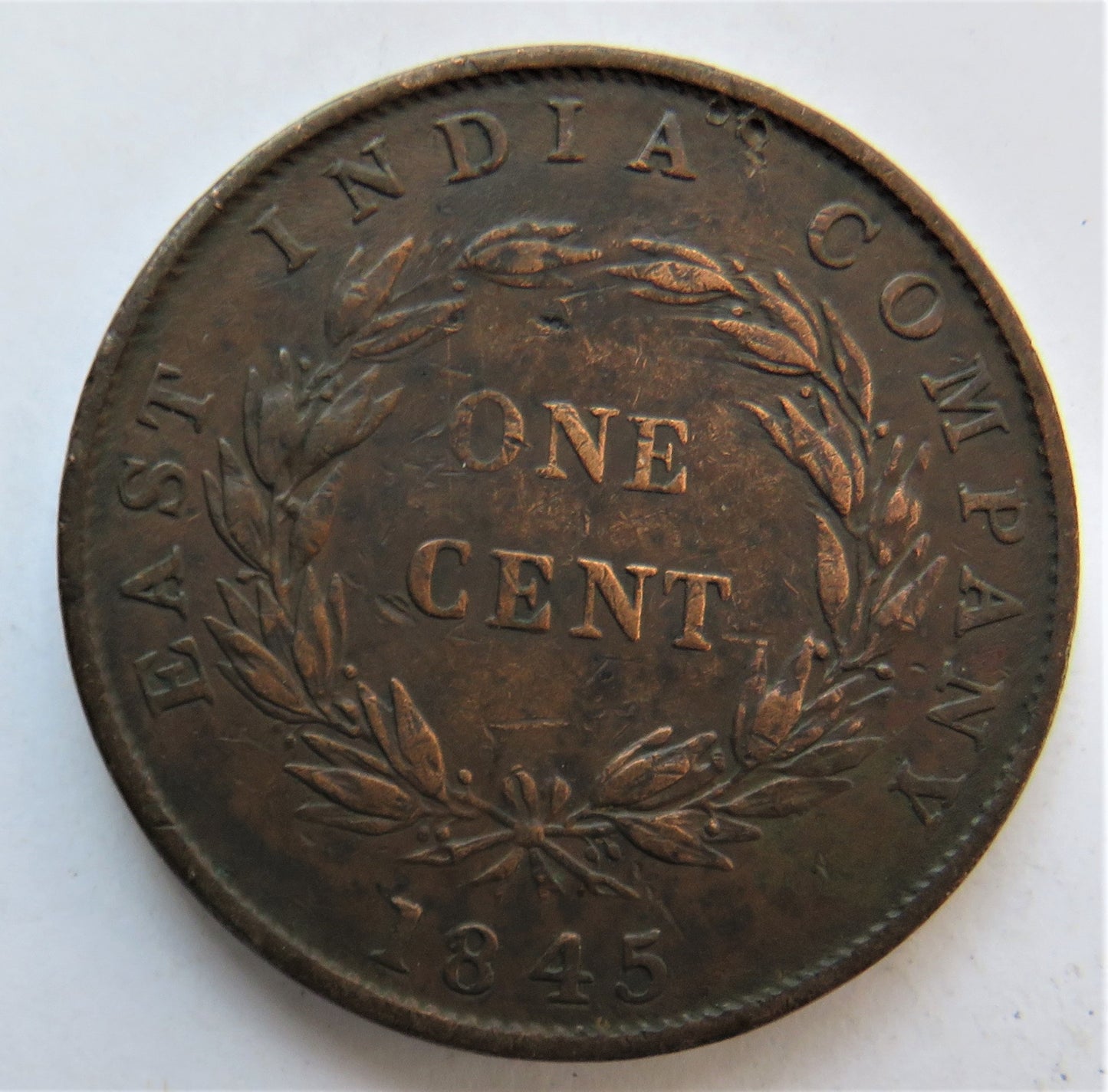 1845 Queen Victoria Est India Company One Cent Coin
