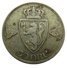 Load image into Gallery viewer, 1916 Norway Silver 50 Ore Coin
