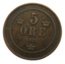 Load image into Gallery viewer, 1874 Sweden 5 Ore Coin
