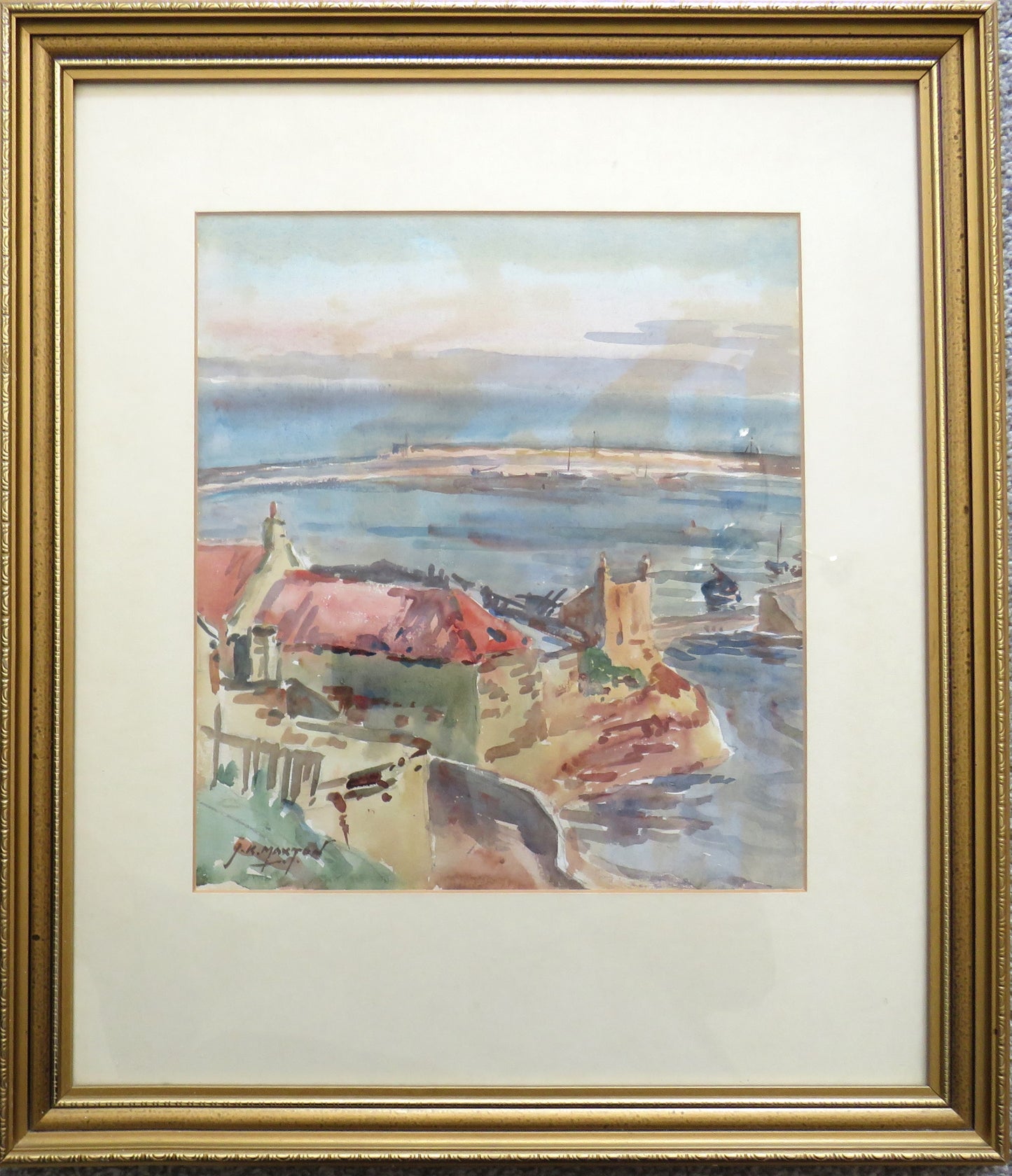 Vintage Framed Watercolour By John Kidd Maxwell (1878-1942) Fishing Village Scene
