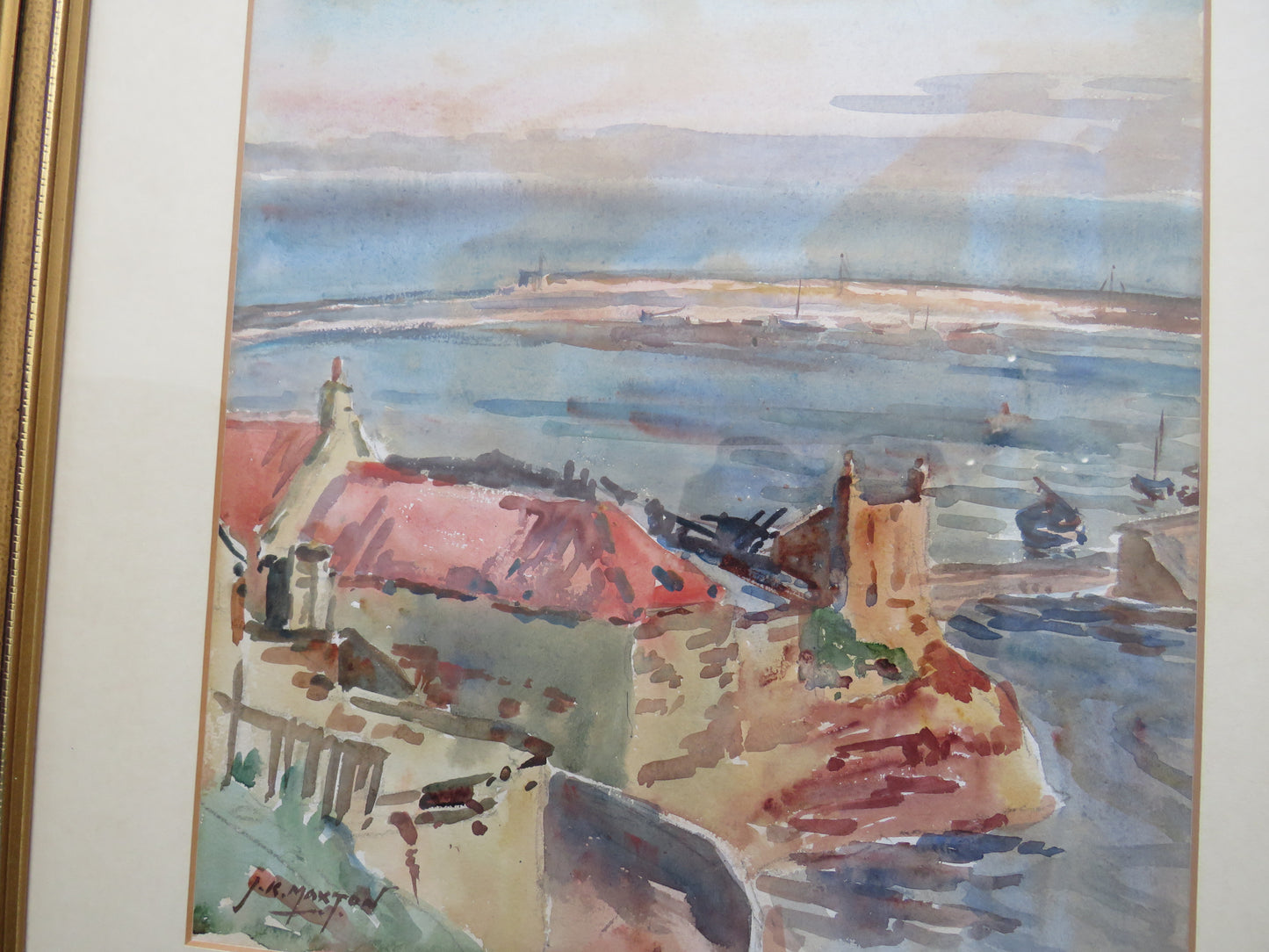Vintage Framed Watercolour By John Kidd Maxwell (1878-1942) Fishing Village Scene