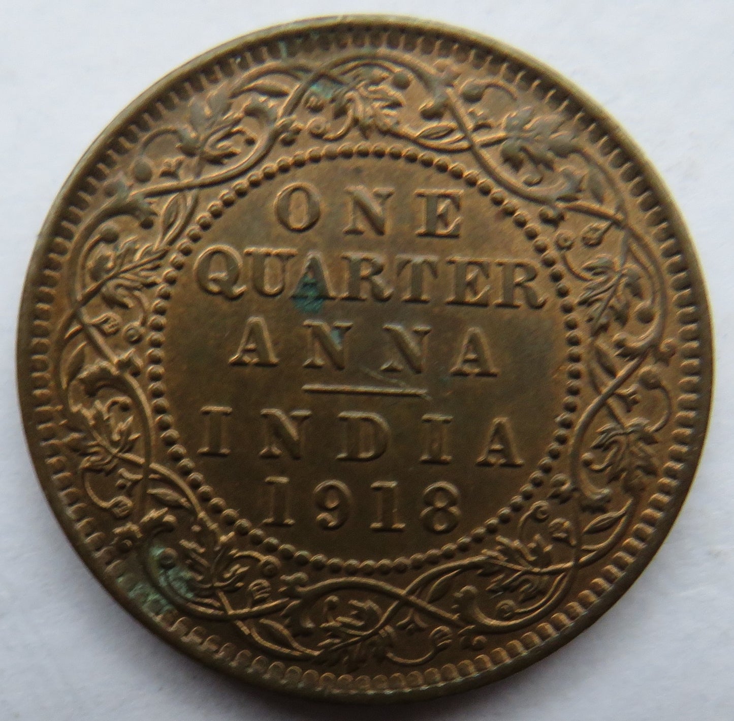 1918 King George V India 1/4 Anna Coin