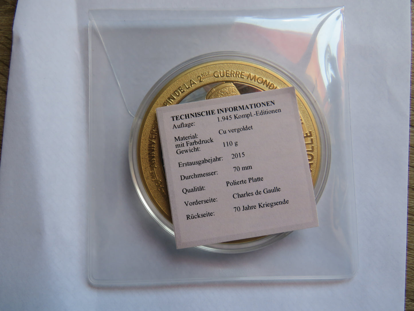 Large Commemorative Coin / Medal General Charles De Gaulle 70th Anniversary of End of WWII