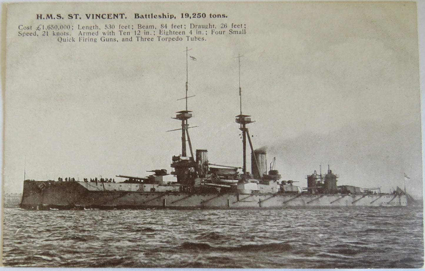 Vintage Warship Postcard of H.M.S. "St Vincent" Battleship