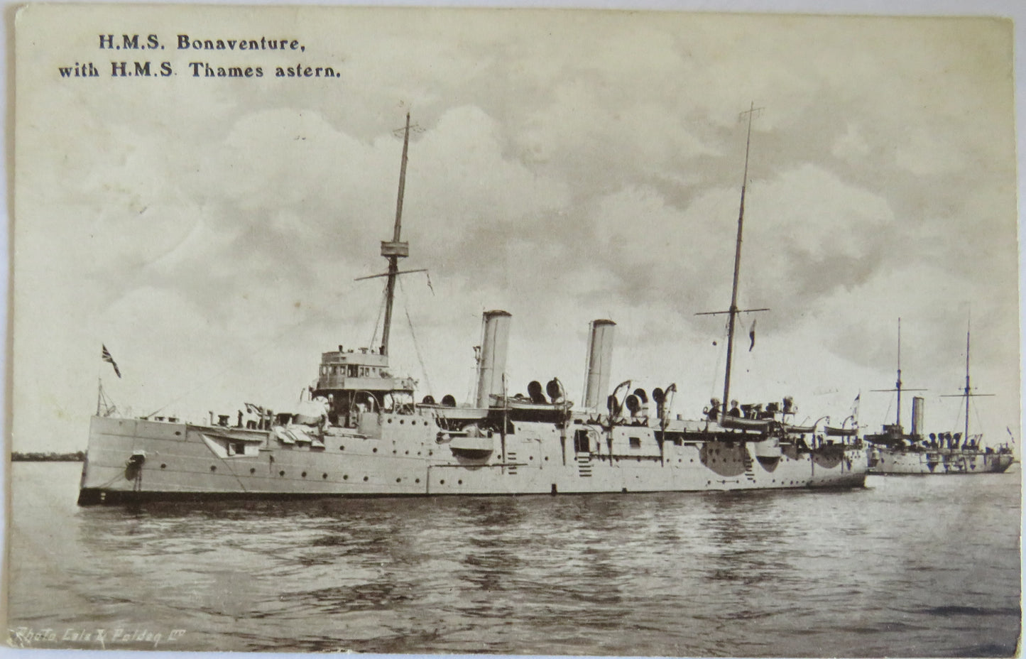 Vintage Warship Postcard of H.M.S. "Bonaventure" With H.M.S. Thames Astern