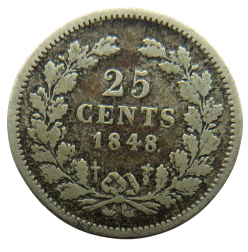 1848 Netherlands Silver 25 Cents Coin