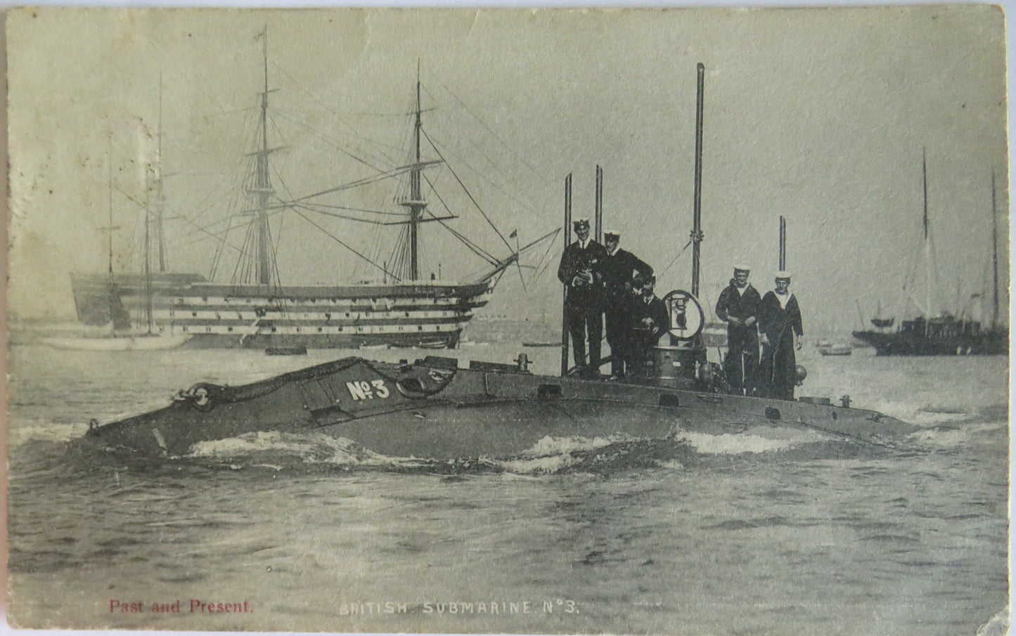Antique Postcard of Past and Present British Submarine No3 1905