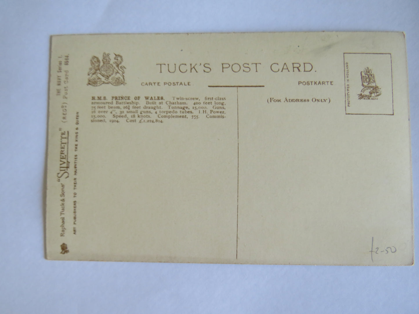 Antique Postcard of H.M.S. Prince of Wales