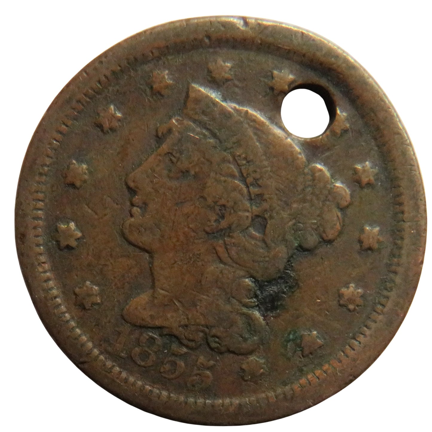 1855 USA Braided Hair One Cent Coin (Holed)