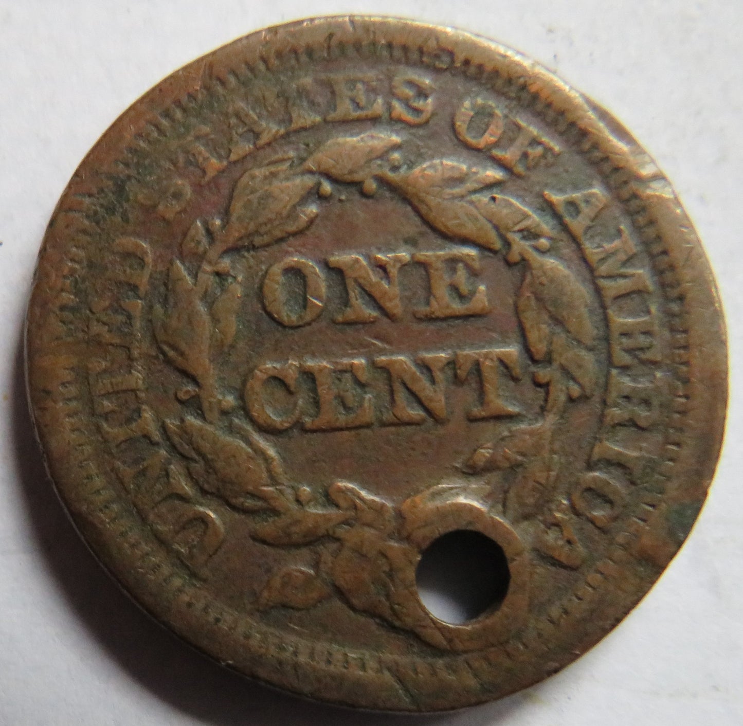 1855 USA Braided Hair One Cent Coin (Holed)