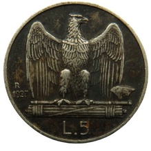 Load image into Gallery viewer, 1927 Italy Silver 5 Lire Coin
