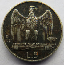 Load image into Gallery viewer, 1927 Italy Silver 5 Lire Coin
