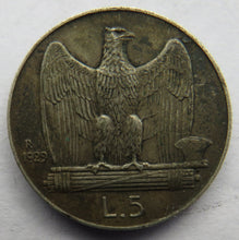 Load image into Gallery viewer, 1929 Italy Silver 5 Lire Coin
