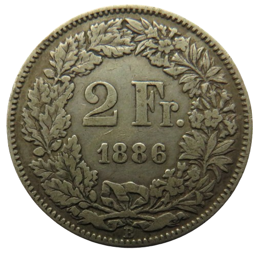 1886 Switzerland Silver 2 Francs Coin