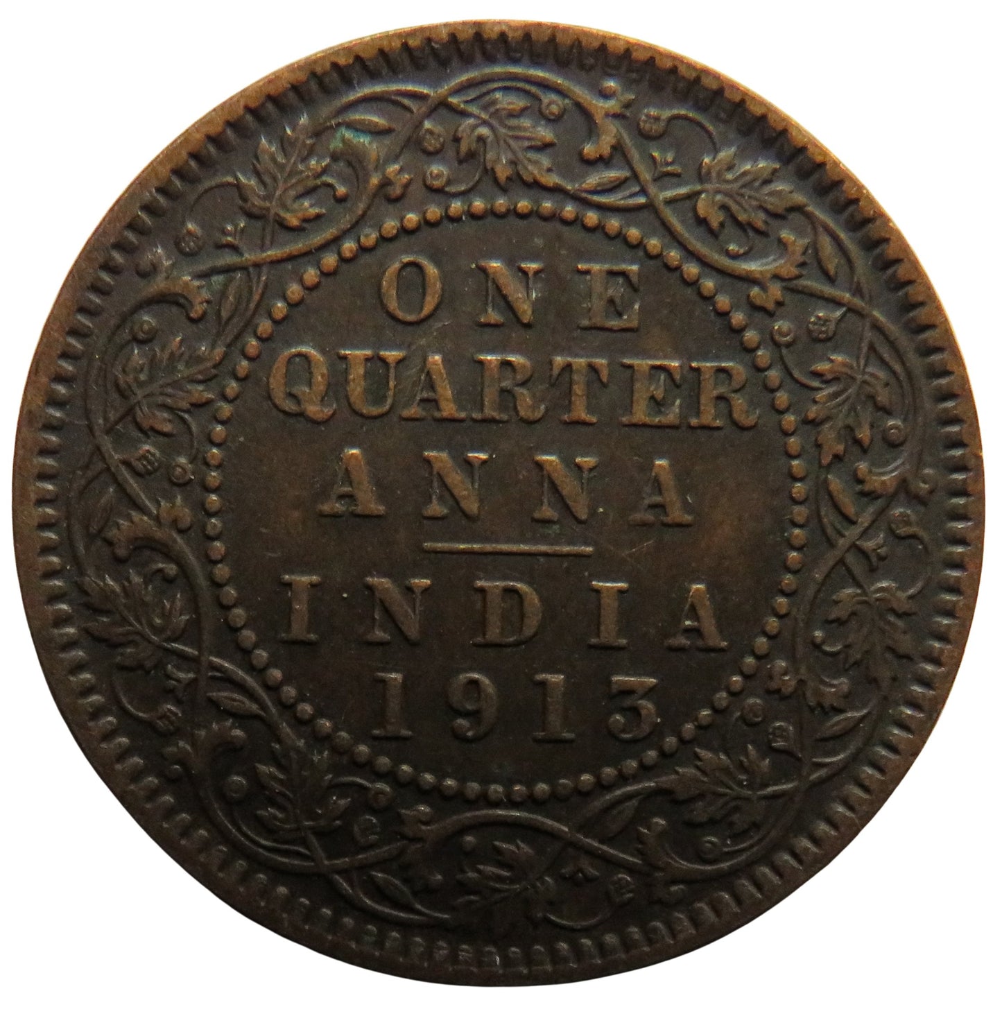 1913 King George V India 1/4 Anna Coin