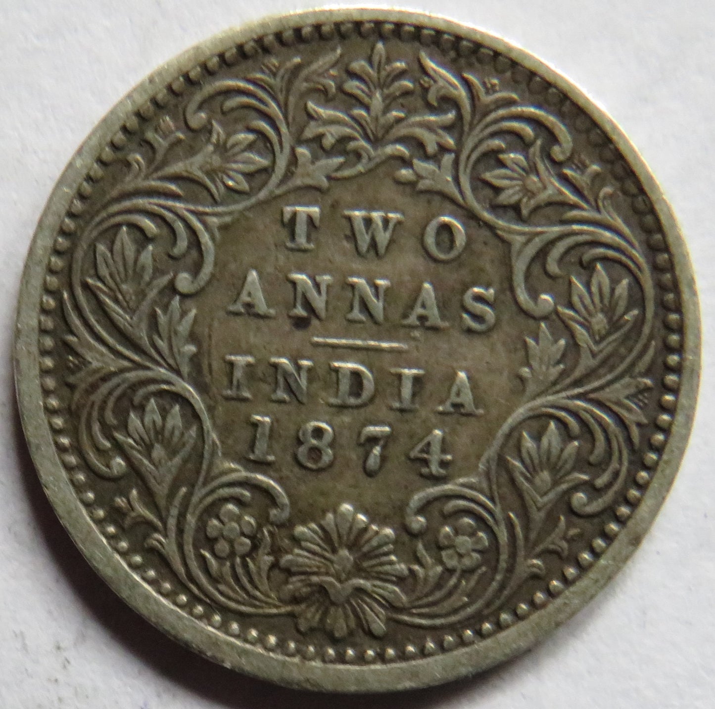1874 Queen Victoria India Silver 2 Annas Coin Key Date