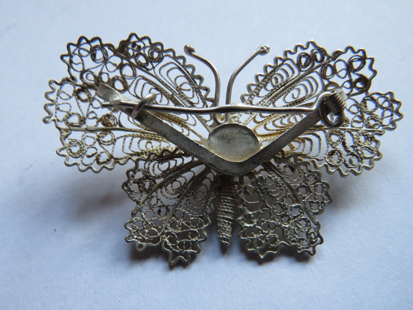 Vintage Ladies White Metal Filigree Butterfly Brooch