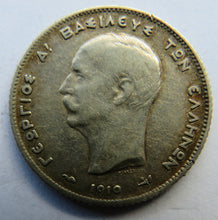 Load image into Gallery viewer, 1910 Greece Silver One Drachma Coin
