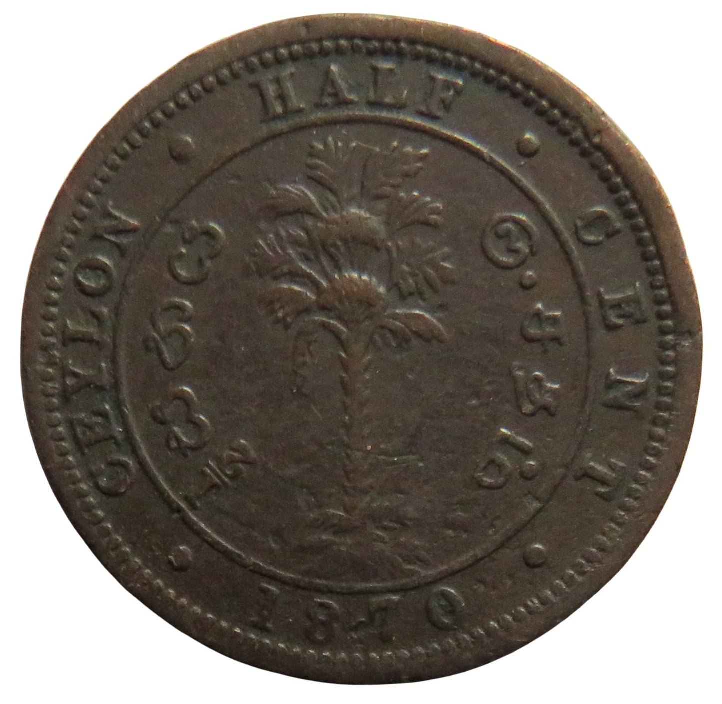 1870 Queen Victoria Ceylon Half 1/2 Cent Coin