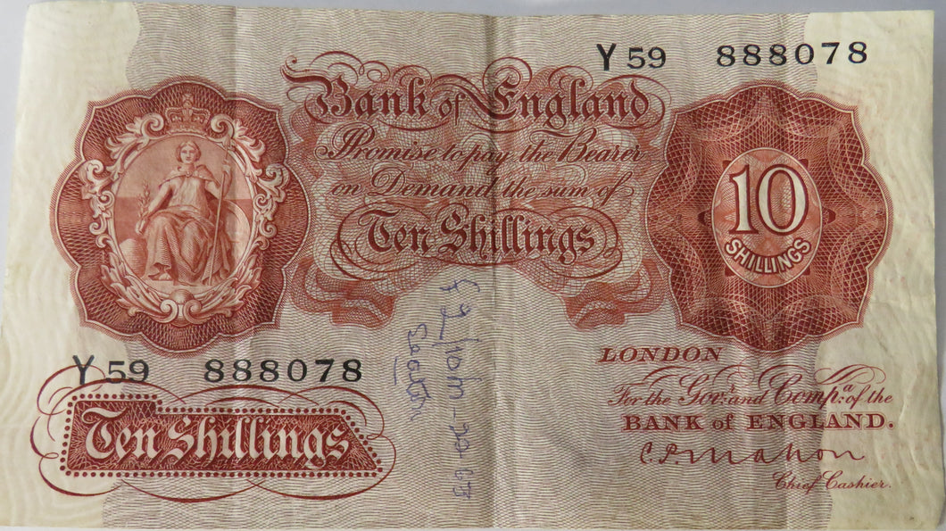 1928 Bank of England 10 Ten Shillings Banknote C.P Mahon