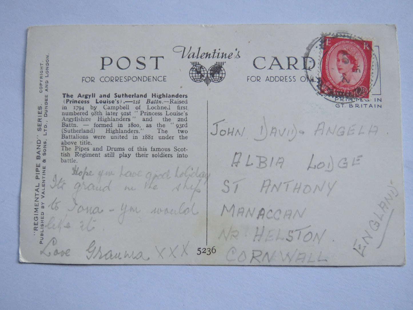 Vintage Postcard of The Pipes and Drums of the Argyll and Sutherland Highlanders