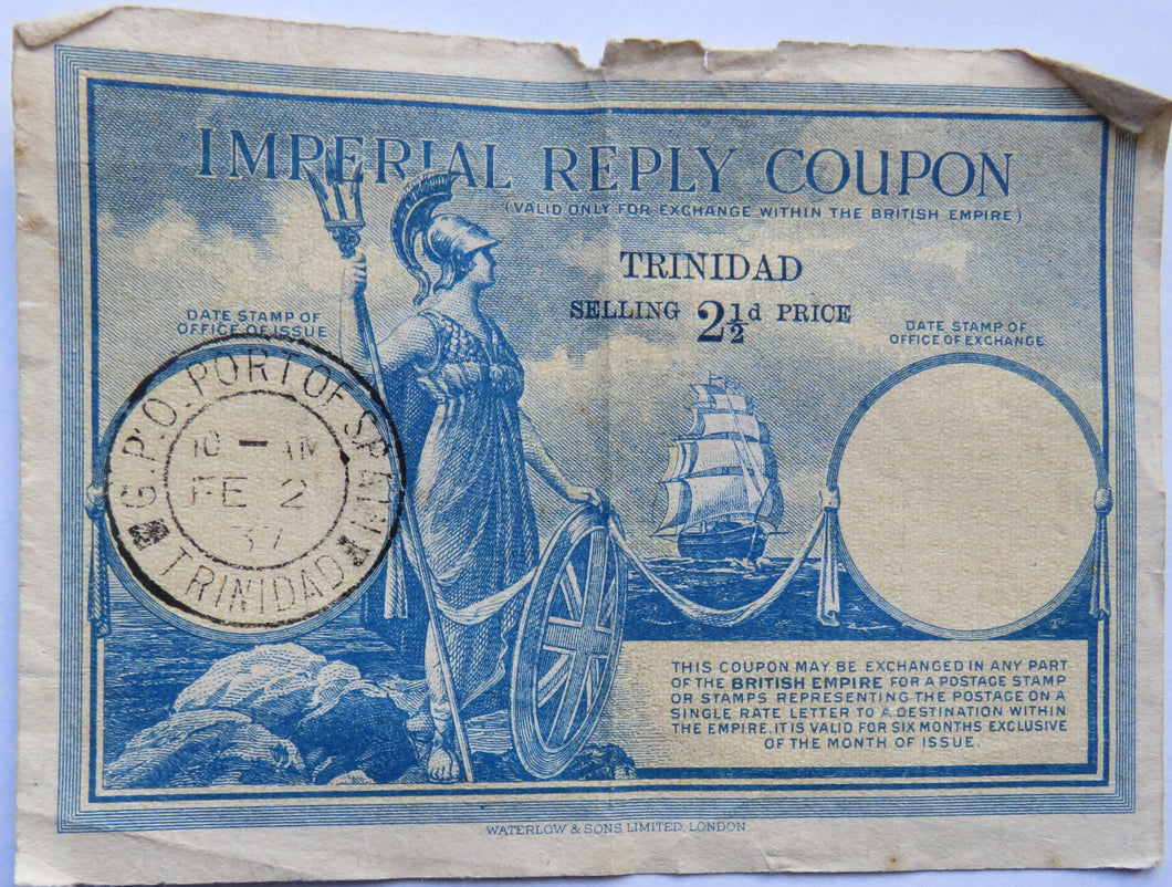 1937 Imperial Reply Coupon Trinidad 2 1/2d