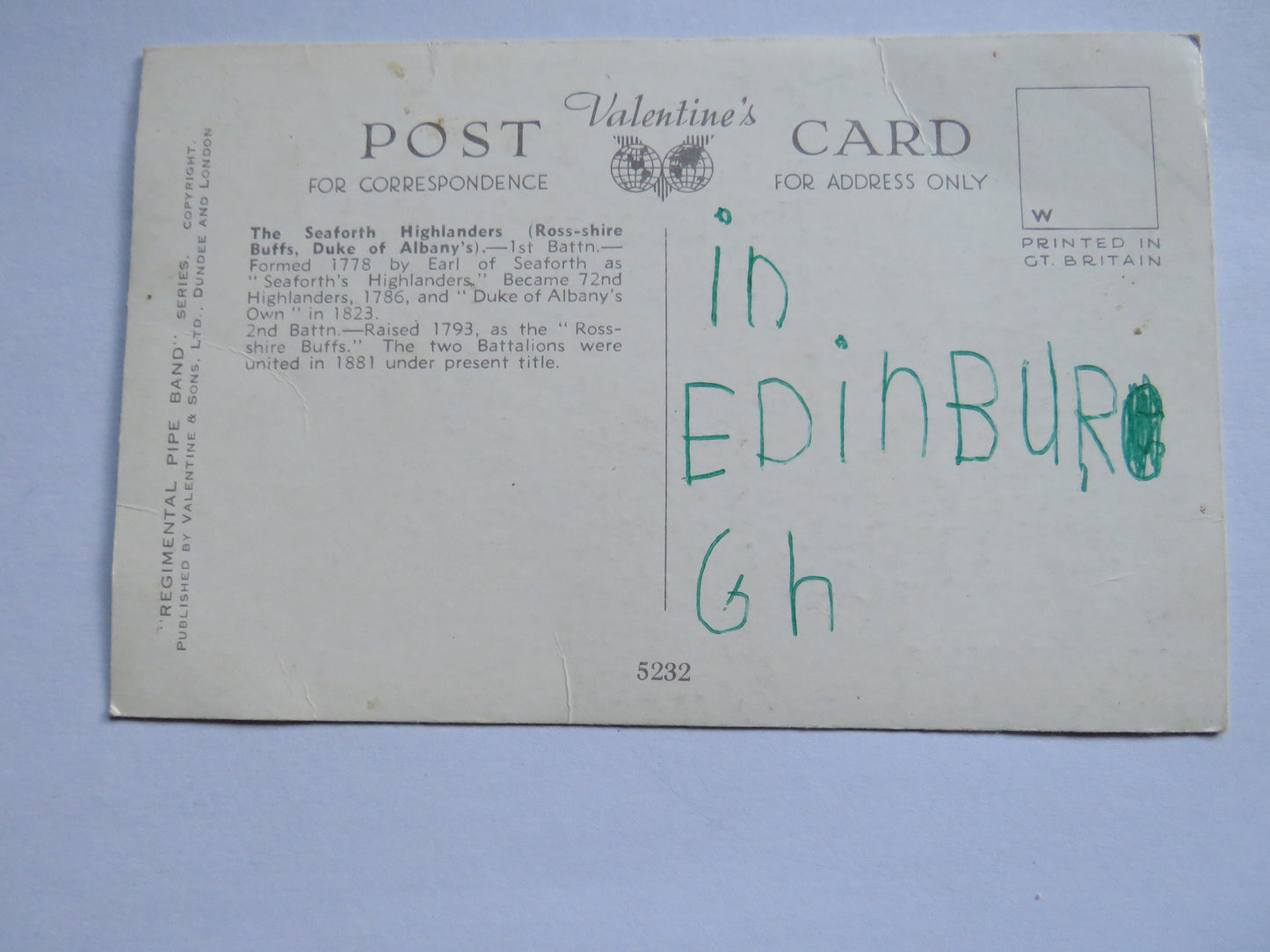 Vintage Postcard of Pipes and Drums of the Seaforth Highlanders