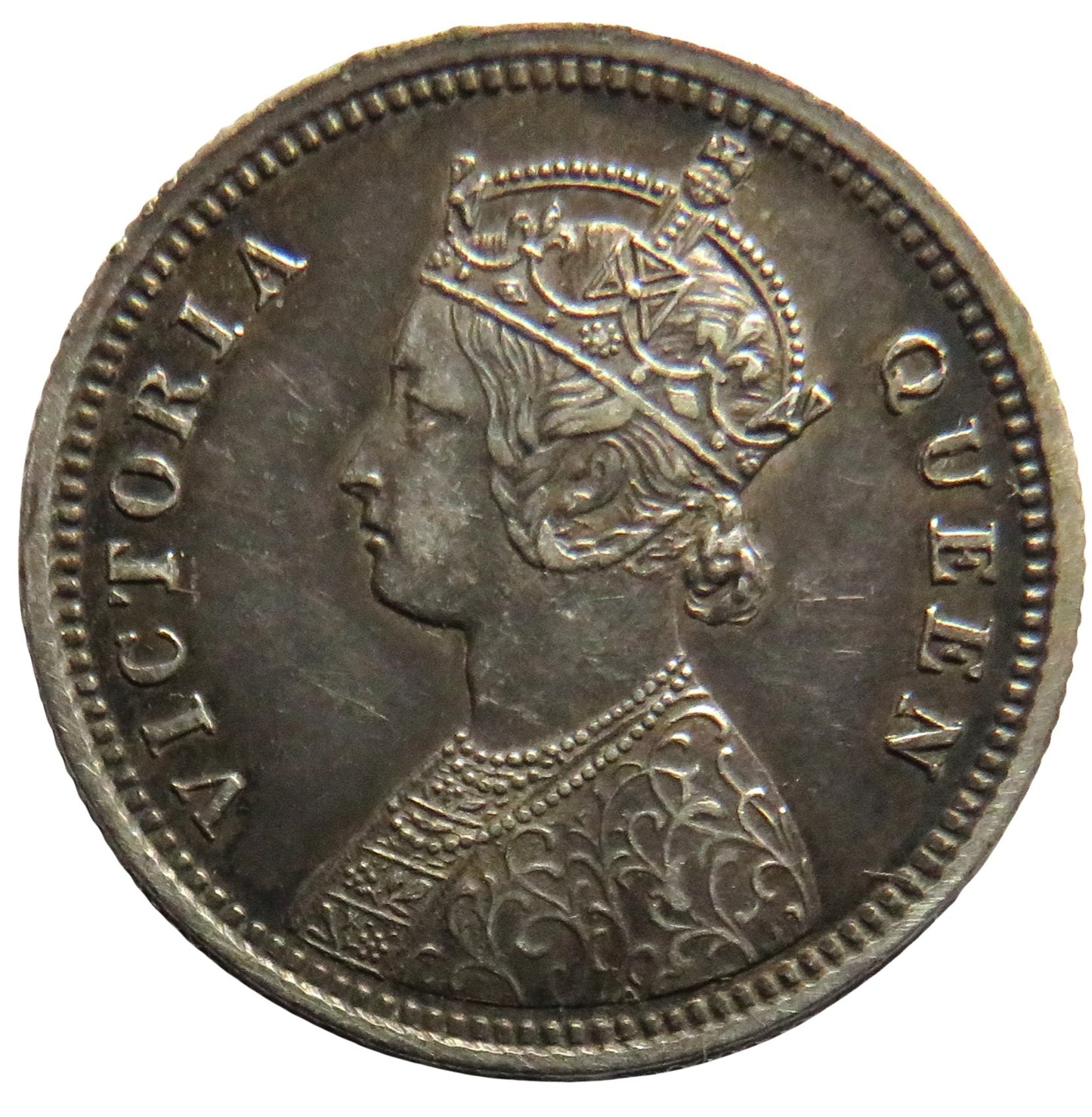 1862 Queen Victoria India Silver 1/4 Rupee Coin In High Grade