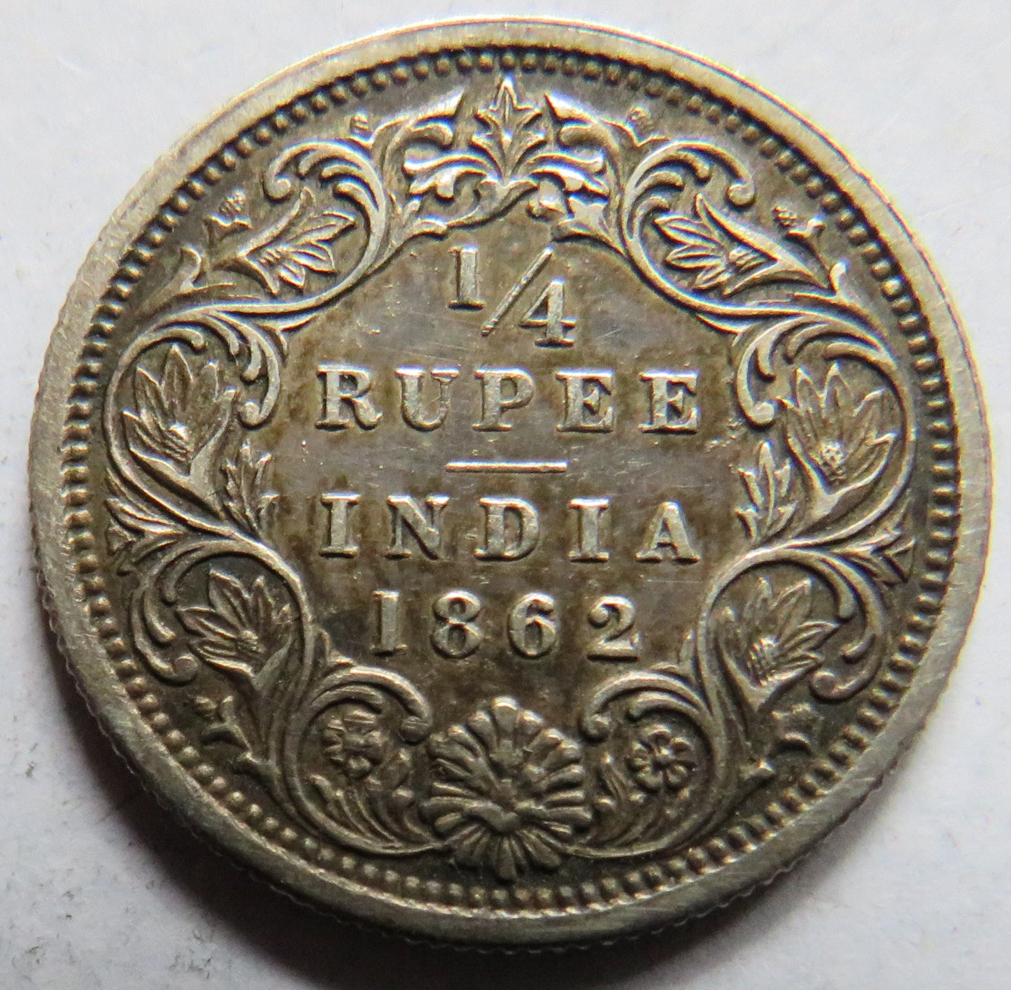 1862 Queen Victoria India Silver 1/4 Rupee Coin In High Grade