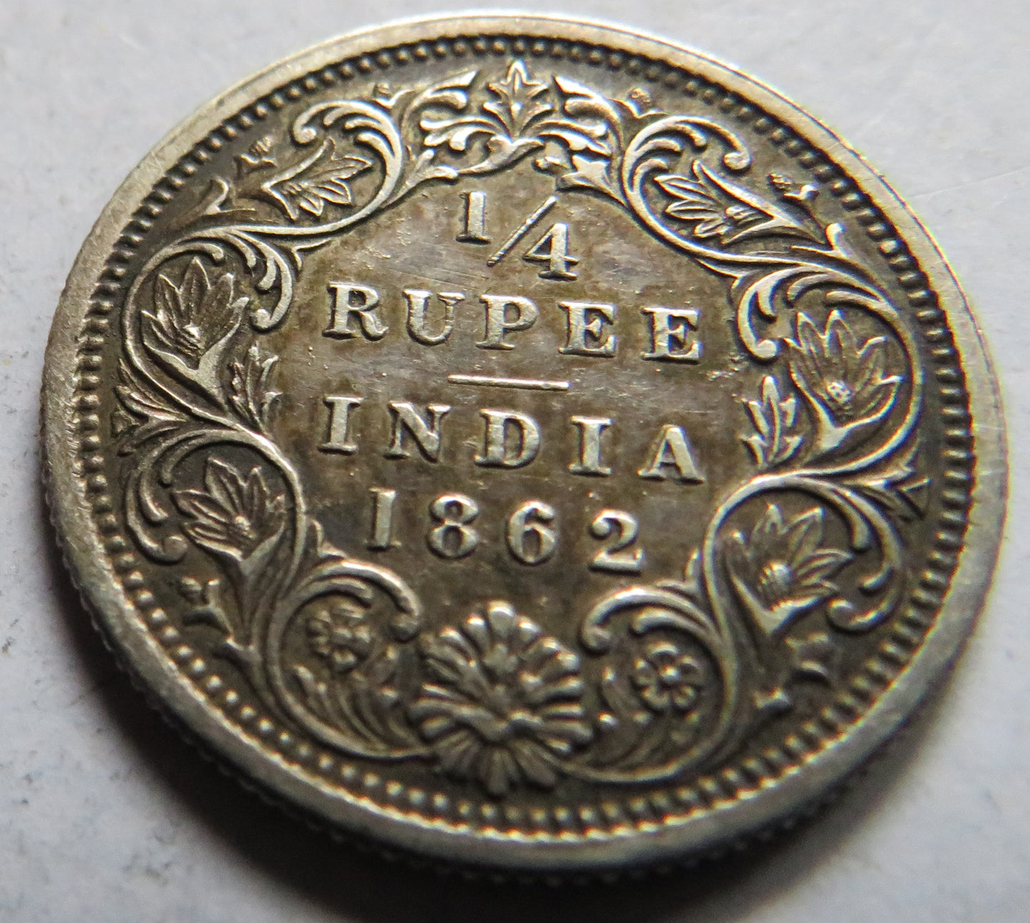 1862 Queen Victoria India Silver 1/4 Rupee Coin In High Grade